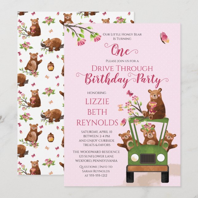 Cute Honey Bear Drive Through Girl Birthday Party  Invitation (Front/Back)