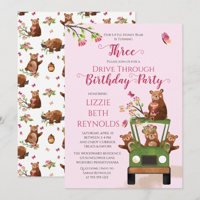 Cute Honey Bear Drive Thru Girl 3rd Birthday Party Invitation (Front/Back)