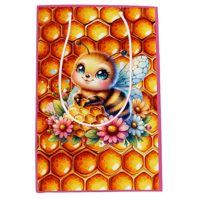 Cute Honey bee and Honeycomb Themed Baby Shower Medium Gift Bag (Front)