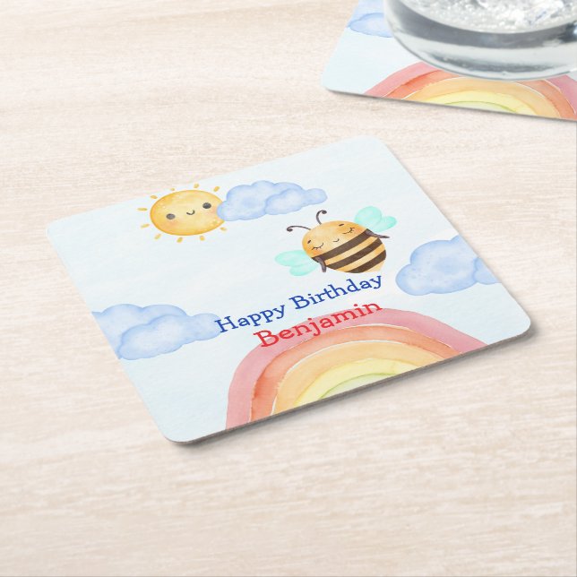 Cute honey bee Bee Birthday Party Square Paper Coaster (Angled)