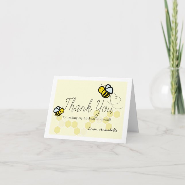 Cute Honey Bee Birthday Heart Yellow Thank You Card (Front)