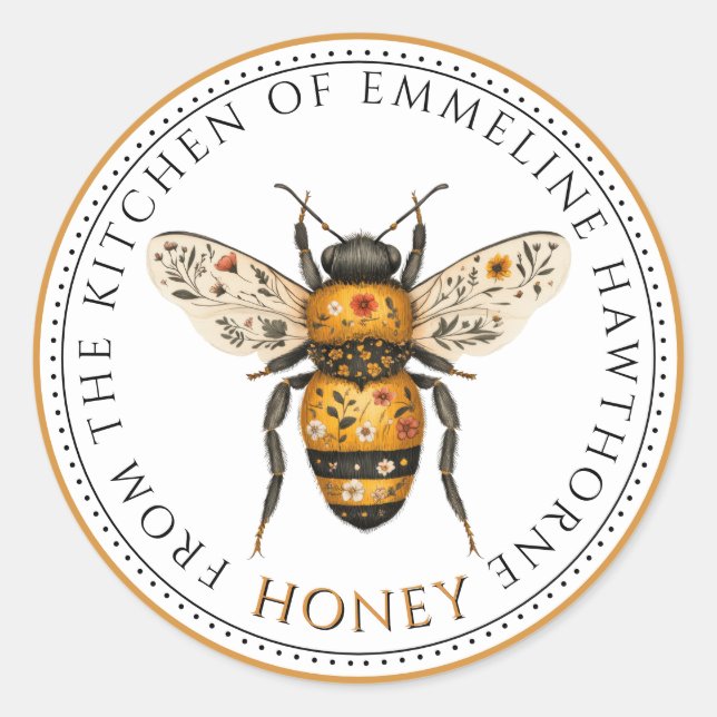 Cute Honey Bee Floral Honey Label (Front)