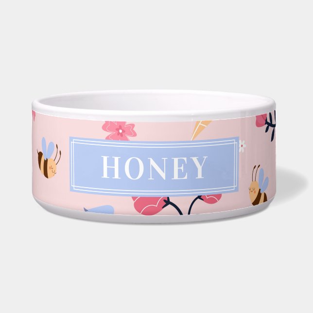 Cute Honey Bee Floral Pink Monogram Pet Name Bowl (Front)