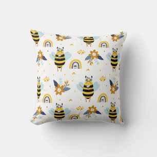 Cute Honey Bee Floral Rainbow Pattern Throw Pillow