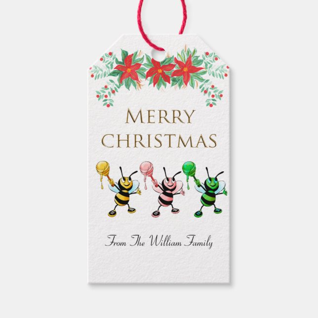 Cute Honey Bee Gold Merry Christmas Gift Tag (Front)