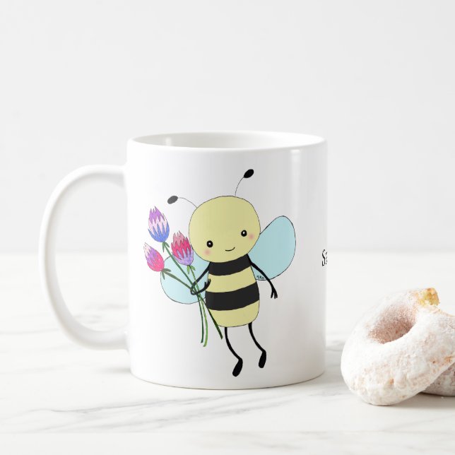 Cute Honey Bee Holding Flowers Custom Name Coffee Mug (With Donut)