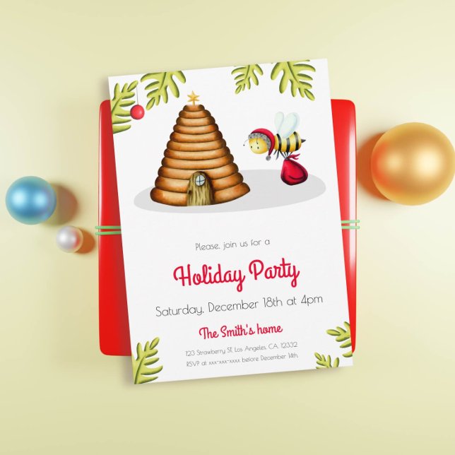Cute Honey Bee Santa Claus Christmas Holiday Invitation (Creator Uploaded)