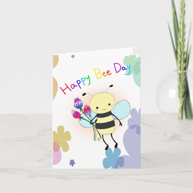 Cute Honey Bee with Flowers Happy Bee Day Birthday Card (Front)