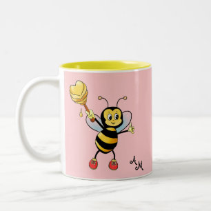 Cute Honey Bee with Heart & Monogram on Light Pink Two-Tone Coffee Mug
