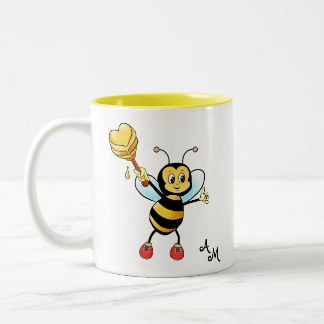 Cute Honey Bee with Heart & Monogram Two-Tone Coffee Mug (Left)