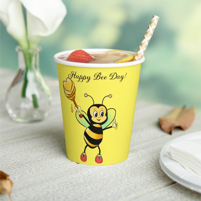 Cute Honey Bee with Heart on Yellow Birthday Paper Cups (Insitu)