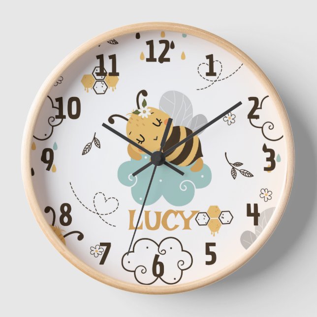 Cute Honey Bees and Combs Clouds Kids Clock (Front)