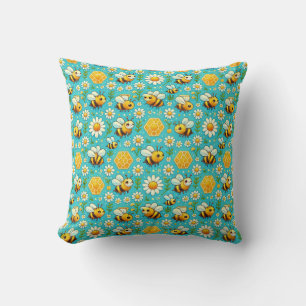 Cute Honey Bees and Daisies Throw Pillow