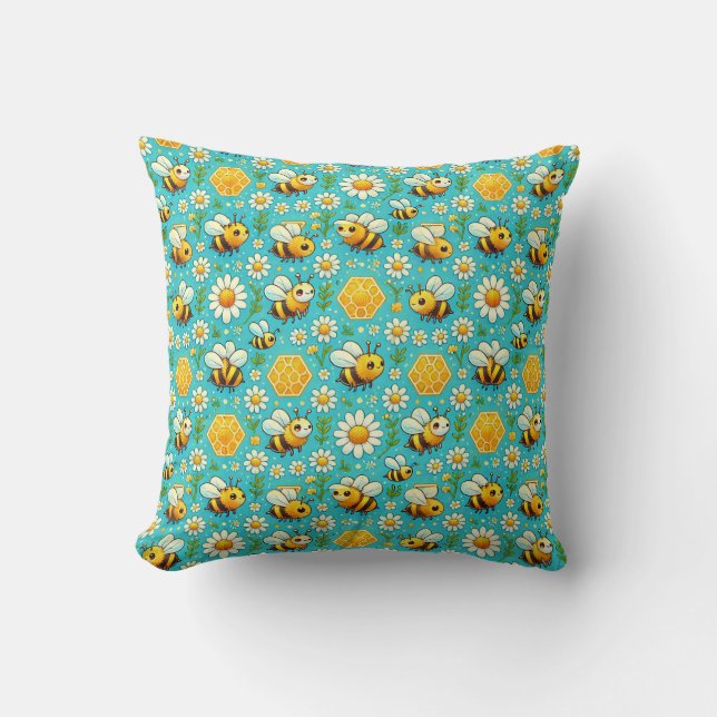 Cute Honey Bees and Daisies Throw Pillow (Front)
