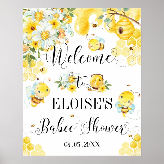 Cute Honey Bees Baby Shower Floral Welcome Sign (Front)