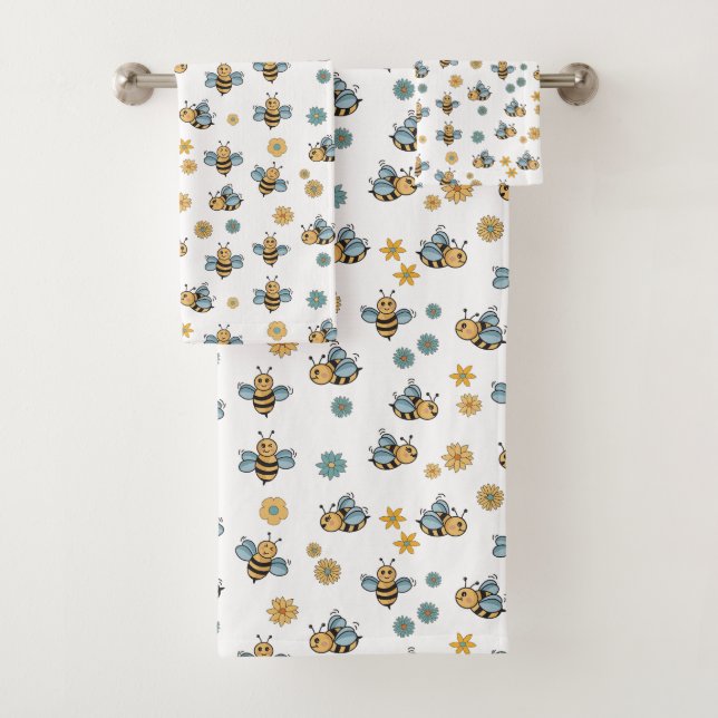 Cute Honey Bees & Floral Wildflowers Bath Towel Set (Insitu)