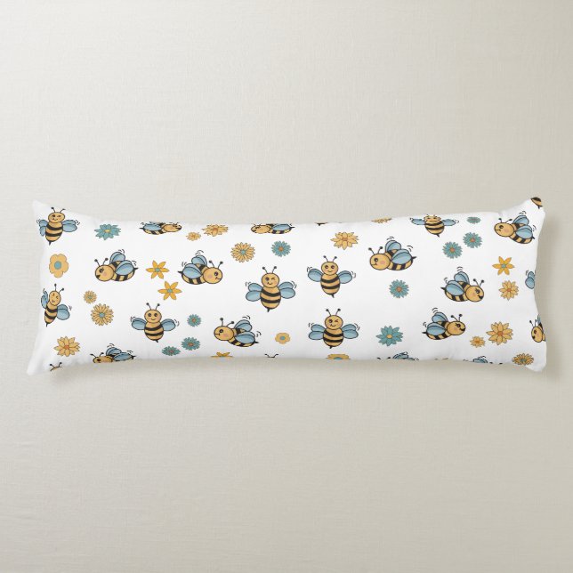 Cute Honey Bees & Floral Wildflowers Body Pillow (Front)