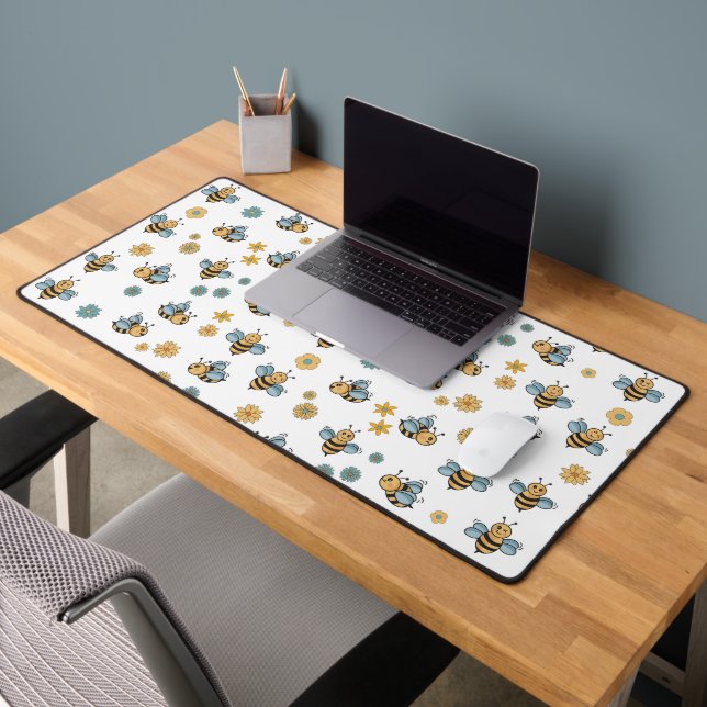 Cute Honey Bees & Floral Wildflowers Desk Mat (Office 2)