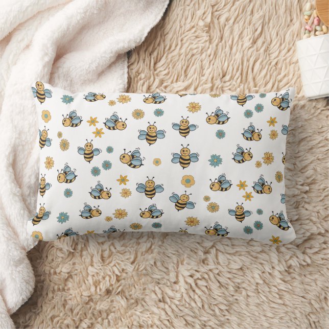 Cute Honey Bees & Floral Wildflowers Lumbar Pillow (Blanket)
