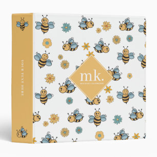 Cute Honey Bees & Floral Wildflowers Monogram Binder