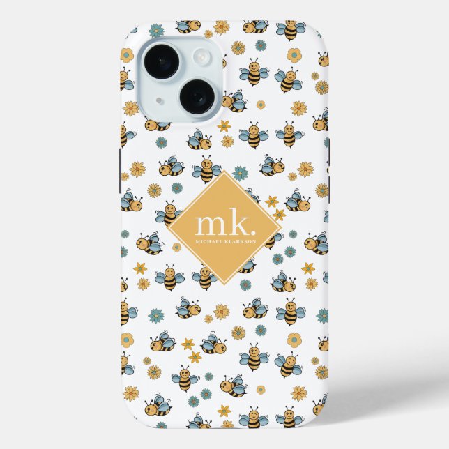 Cute Honey Bees & Floral Wildflowers Monogram Case-Mate iPhone Case (Back)