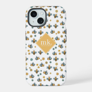 Cute Honey Bees & Floral Wildflowers Monogram iPhone 15 Case