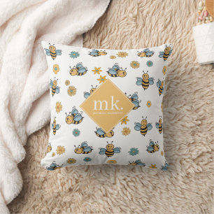 Cute Honey Bees & Floral Wildflowers Monogram Throw Pillow