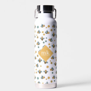 Cute Honey Bees & Floral Wildflowers Monogram Water Bottle