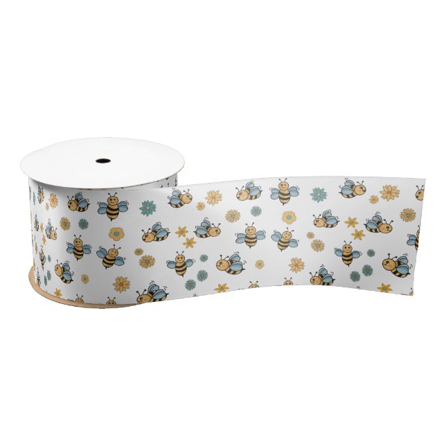 Cute Honey Bees & Floral Wildflowers Satin Ribbon (Spool)