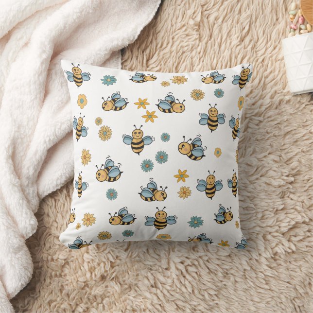 Cute Honey Bees & Floral Wildflowers Throw Pillow (Blanket)