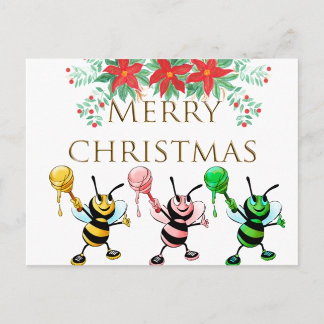 Cute Honey Bees Gold Merry Christmas   Postcard (Front)