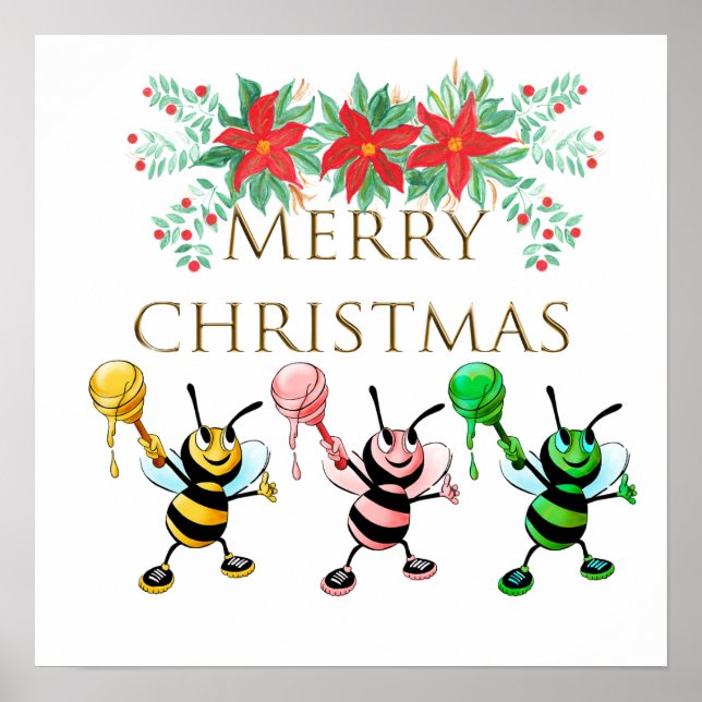 Cute Honey Bees Gold Merry Christmas  Poster (Front)