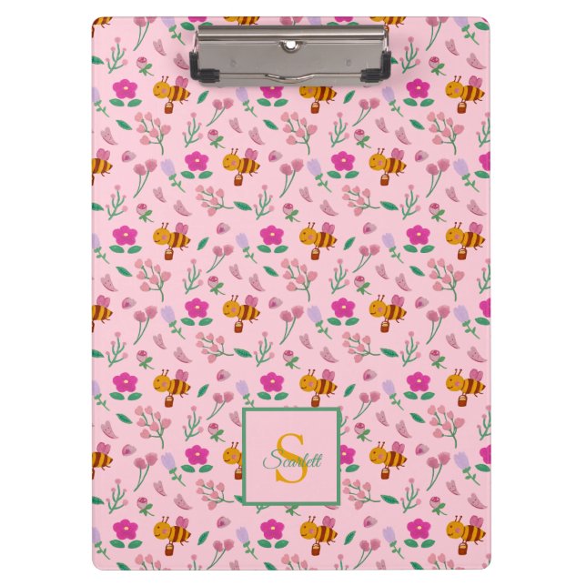 Cute Honey Brown Bee Wildflower Pattern Blush Pink Clipboard (Front)