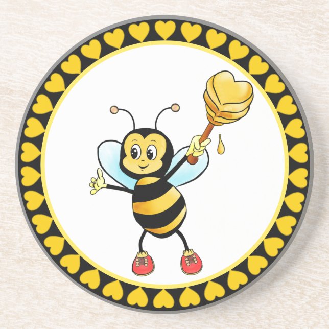 Cute Honey Bumble Bee & Hearts on Black & Yellow Coaster (Front)
