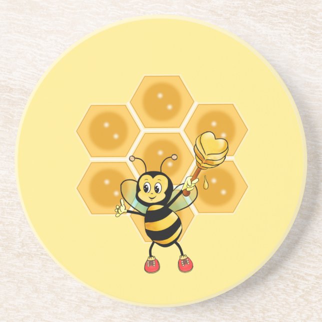 Cute Honey Bumble Bee & Honeycomb on Yellow Coaster (Front)