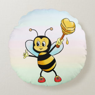 Cute Honey Bumble Bee with Heart on Pastel Colour Round Pillow