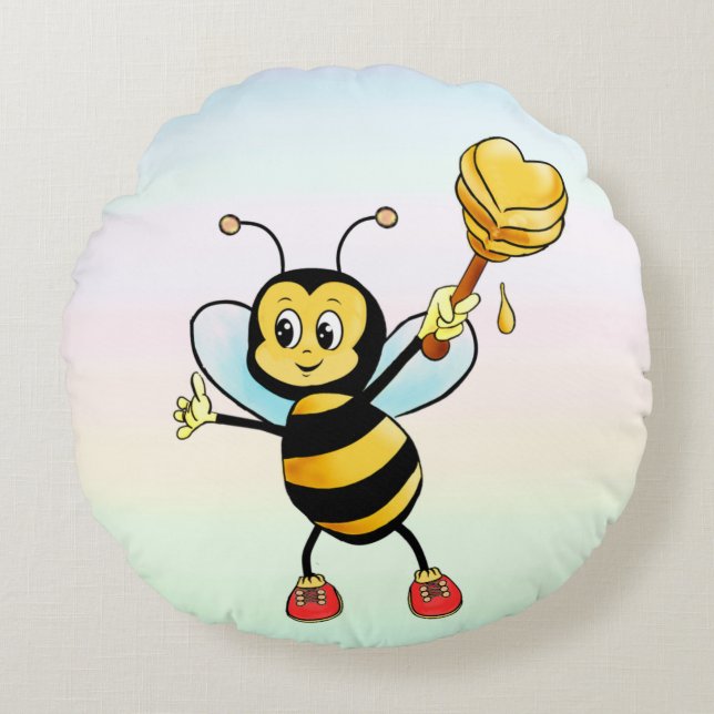 Cute Honey Bumble Bee with Heart on Pastel Colour Round Pillow (Front)