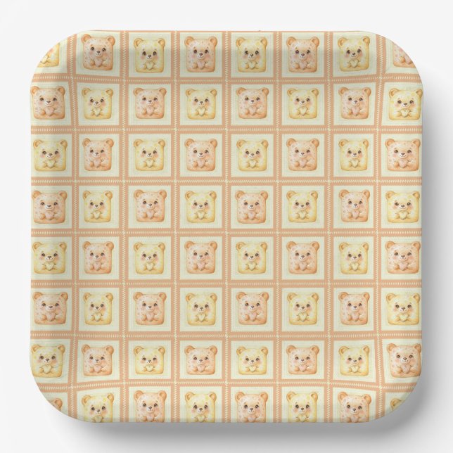 Cute Honey Patchwork cookie Teddy Bear Paper Plate (Front)