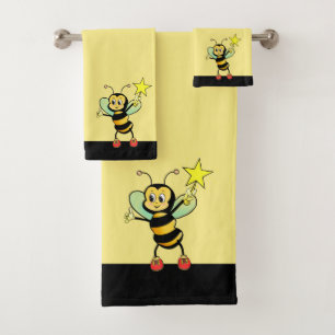 Cute Honeybee on Black and Yellow Bath Towel Set