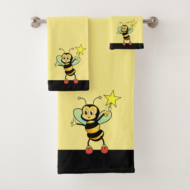 Cute Honeybee on Black and Yellow Bath Towel Set (Insitu)