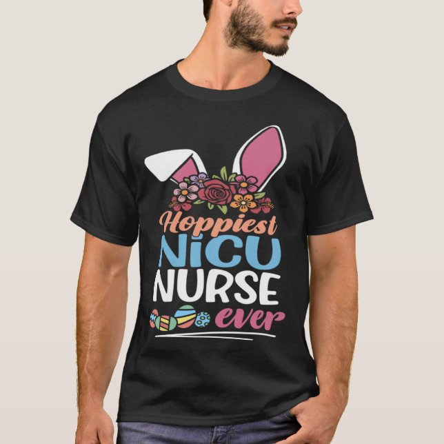 Cute Hoppiest NICU Nurse Ever Bunny Ear Red Plaid  T-Shirt (Front)
