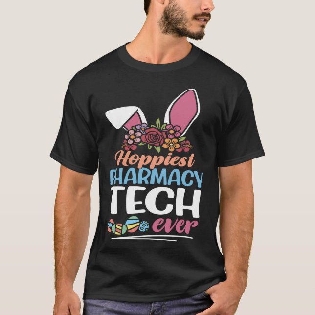 Cute Hoppiest Pharmacy Tech Ever Bunny Ear Red Pla T-Shirt (Front)
