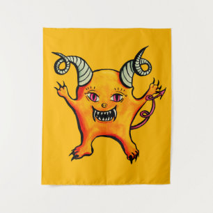 Cute Horned Demon Cartoon Monster Kids Yellow Tapestry