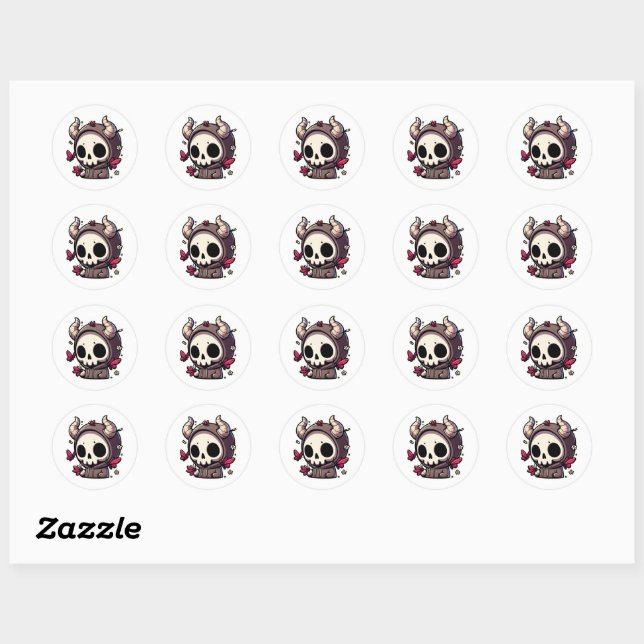Cute Horned Skull enjoy the butterflies Classic Round Sticker (Sheet)