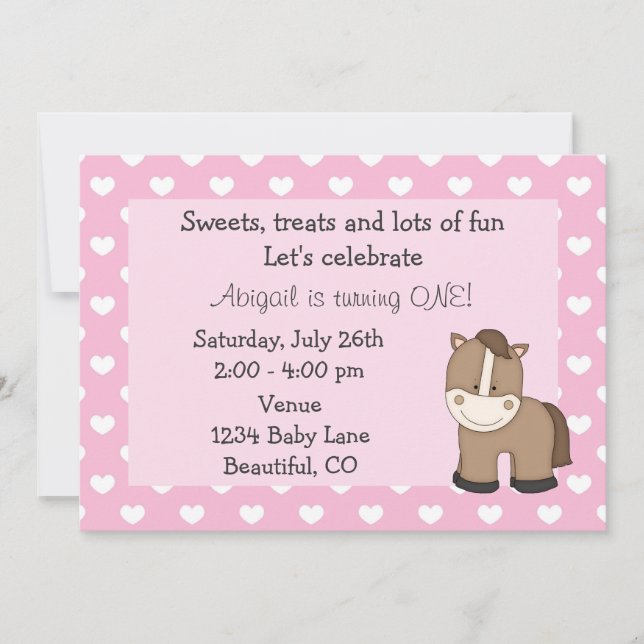 Cute Horse 1st Birthday Invitation for Girls (Front)