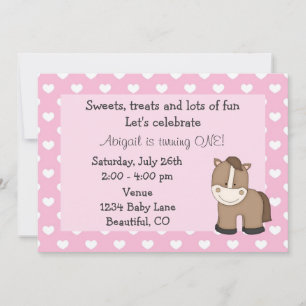Cute Horse 1st Birthday Invitation for Girls