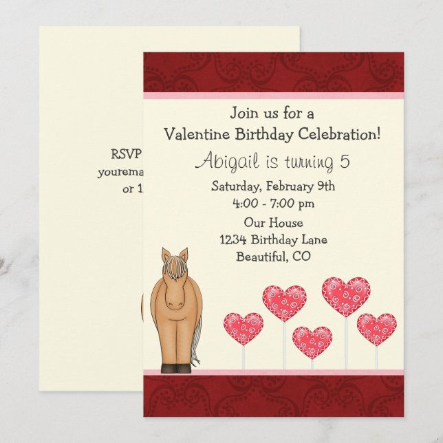 Cute Horse and Hearts Valentine Birthday Invite (Front/Back)