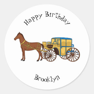Cute horse and royal carriage illustration classic round sticker