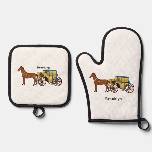 Cute horse and royal carriage illustration oven mitt & pot holder set (Front)