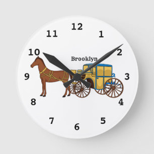 Cute horse and royal carriage illustration round clock